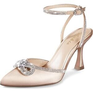 Ankis Womens Size 9.5 Champagne Silver Rhinestone Bow 4" Heel Closed Toe Shoes